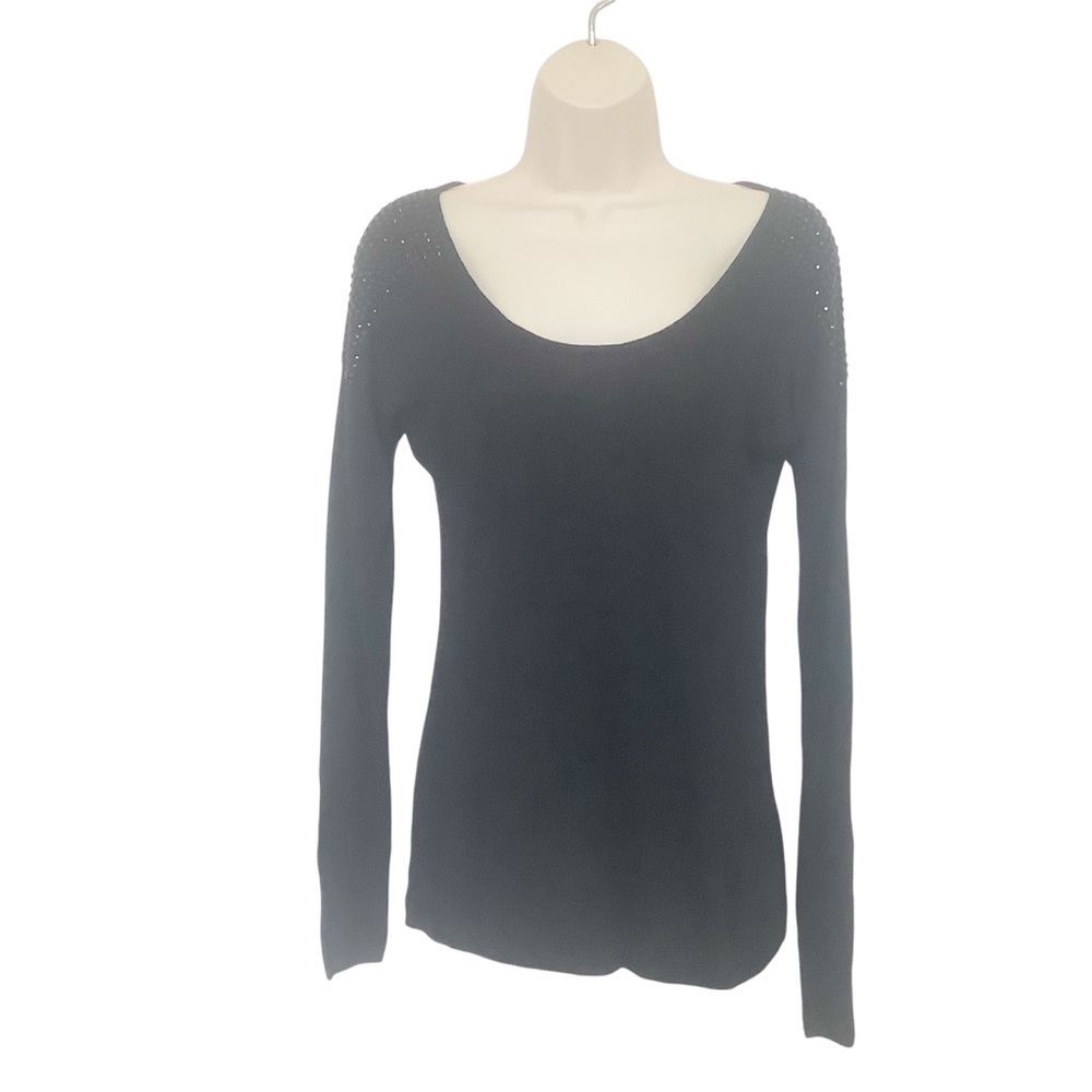 NWT Express Black Round Neck Lightweight Knit Sweater Beaded Shoulders Size S